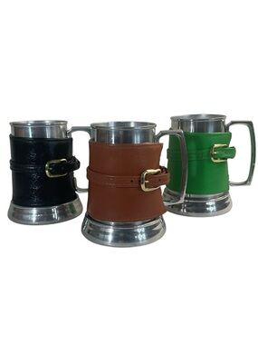 Vintage Enesco Aluminum Tankard Mug Set of 3 Glass Bottom Faux Leather Wrap Stei